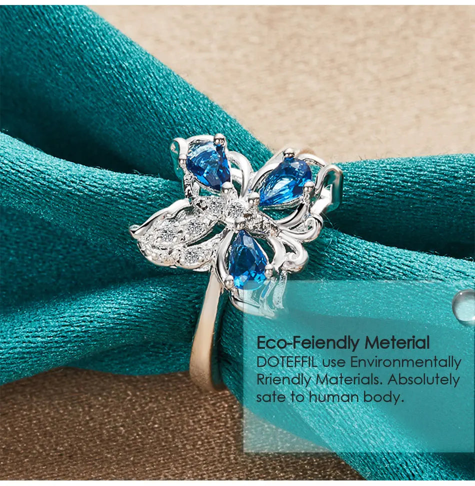 DOTEFFIL 925 Sterling Silver Blue AAA Zircon Fluture Inel Pentru Femei Moda Nuntă Logodnă Petrecere Cadou Charm Bijuterii