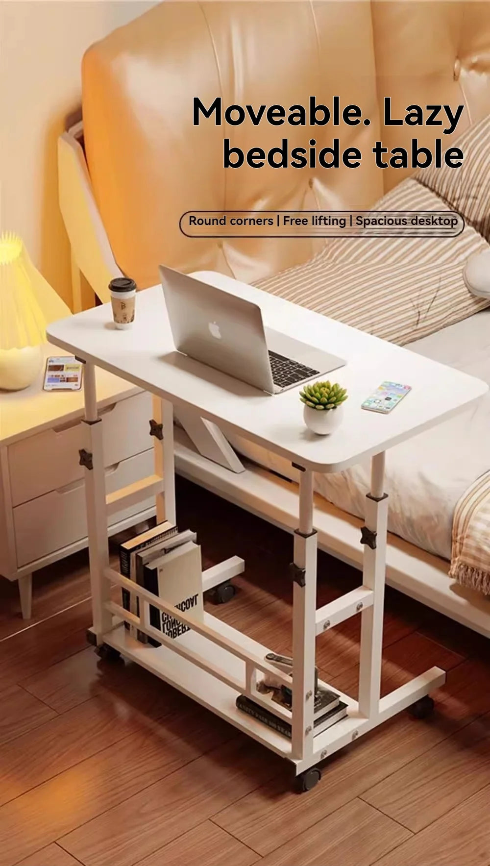Three-layer Multifunctional Folding Desk with Wheels, Adjustable Height and Storage Shelves，Suitable for Bedroom, Outdoor Office