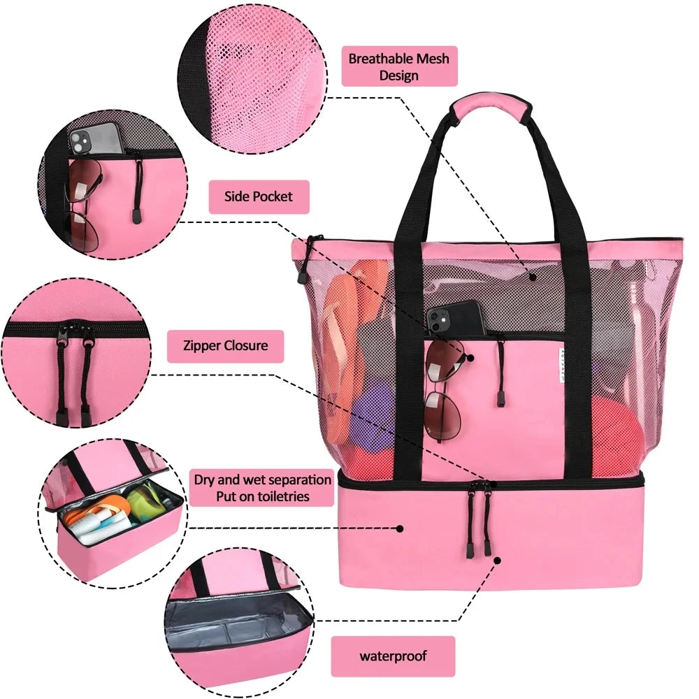 Women Swimming Beach Mesh Bag Ladies Shoulder Bag Large-capacity Travel Portable Storage Bag Multifunction Handbag