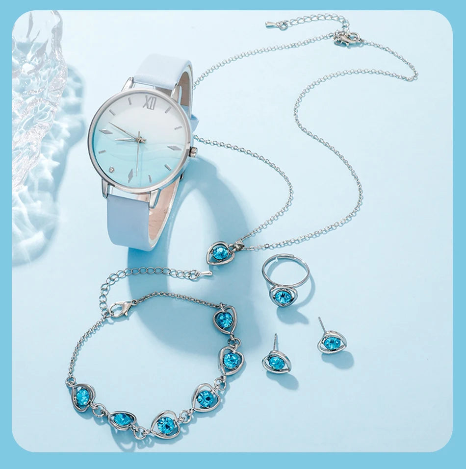 Moda 6er Set Quarz Uhr Damen - Blau Strass Leder 18mm