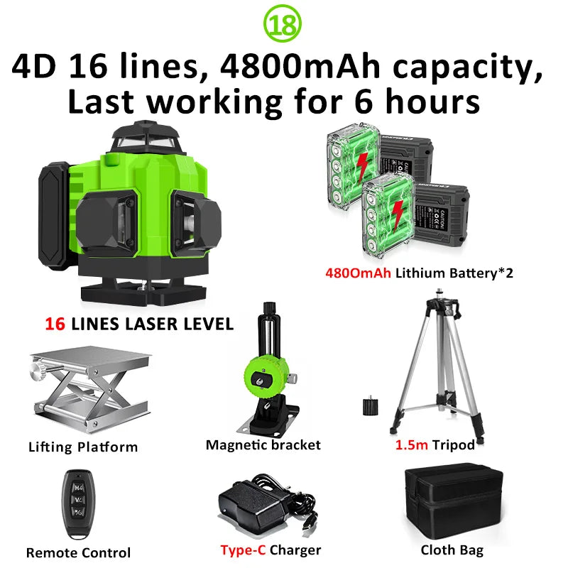 CLUBIONA 16/12 lines Self-leveling Remote Control Outdoor Mode - Receiver Auto 3x360 Green beam Line Laser Level