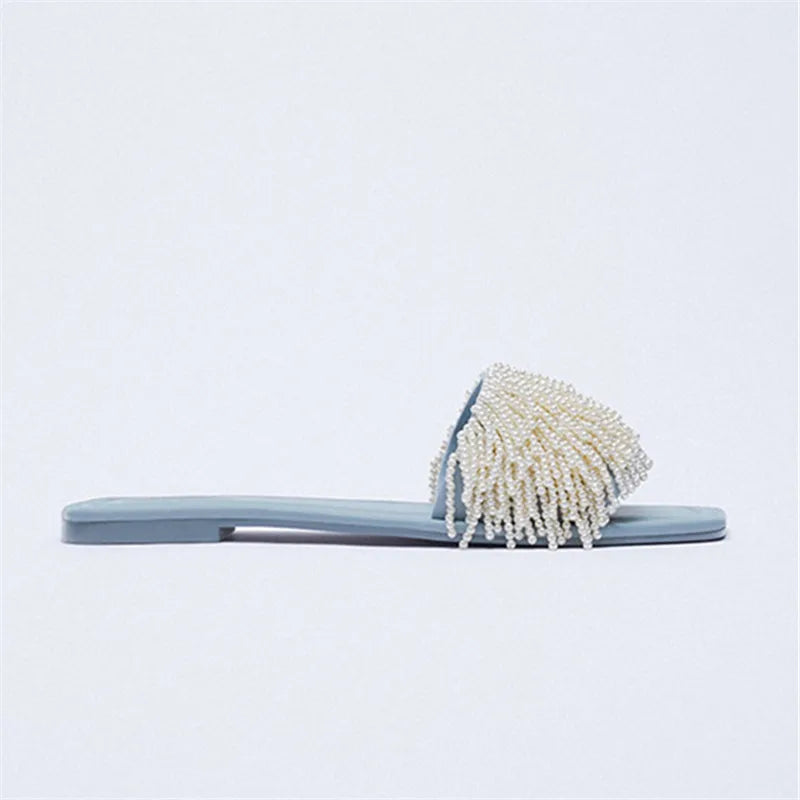 Pearl Beads Women Slippers Blue Flat Shoes Female Summer Outside Slides Ladies Casual Beach Slipper Handmade Gladiator Sandals