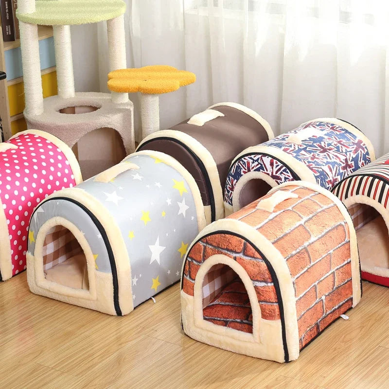 Pet Bed Foldable Dog House Kennel Soft Tent Indoor Enclosed Warm Plush Sleeping Nest Basket with Removable Cushion For Cats Dogs
