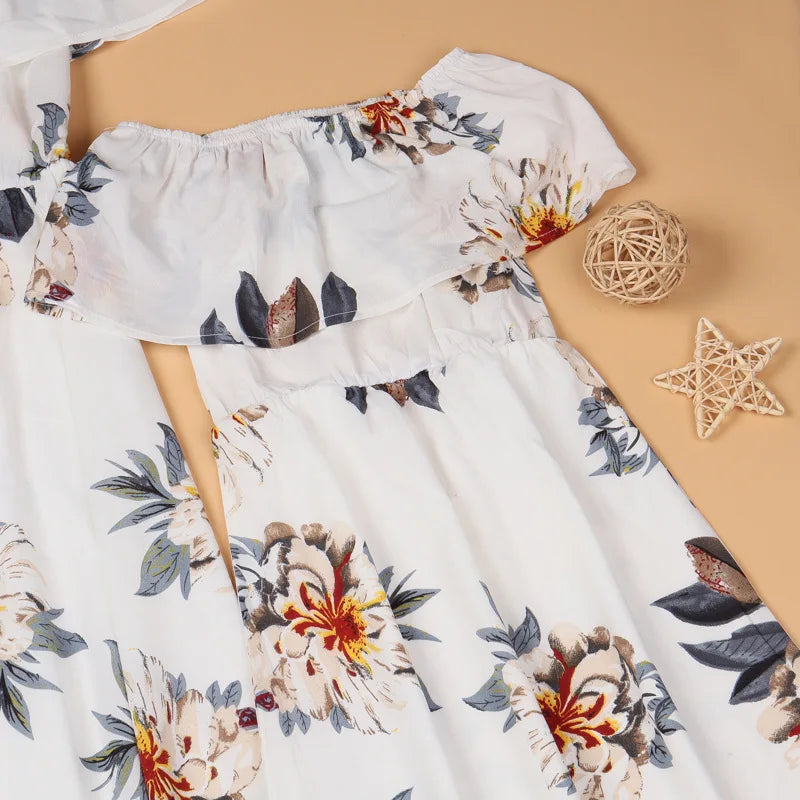 New Mother Daughter Summer Dresses Floral Slash Neck Beach Chiffon Dress Mom Mommy and Me Loose Dress Family Matching Outfits
