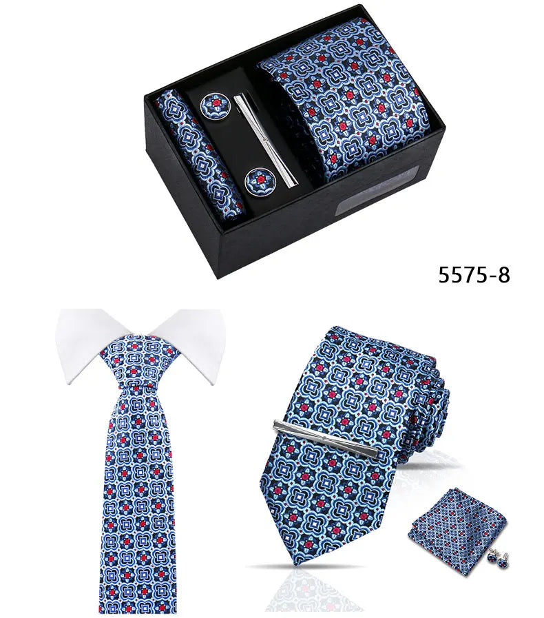 Elegant Men's Suit Necktie Gift Box Set Floral Tie Handchief Cufflinks Tie Clip 4-Piece Business Wedding Party Suit Accessories