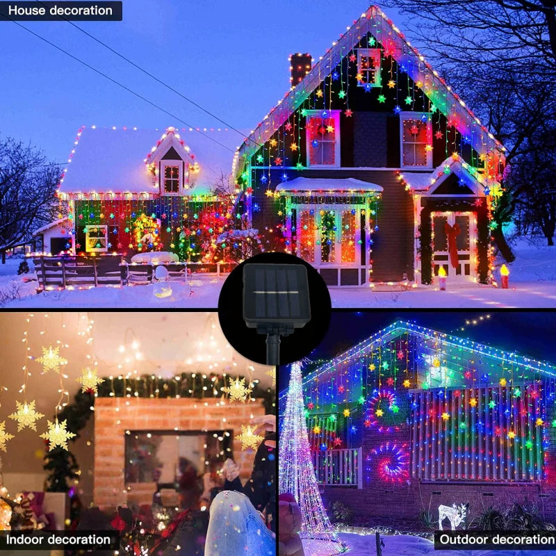 Snowflake Garland Christmas Lights Outdoor 2025 Led Icicle Curtain Garlands 9M 162LEDs Solar Power Waterproof IP44 New Year Xmas
