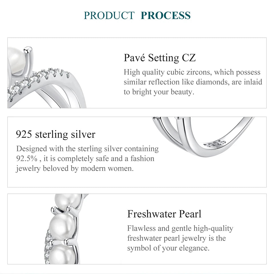 Inel din argint 925 cu perle BISAER - strat dublu de zirconiu alb - pentru femei elegante, nuntă, logodnă, bijuterii fine originale