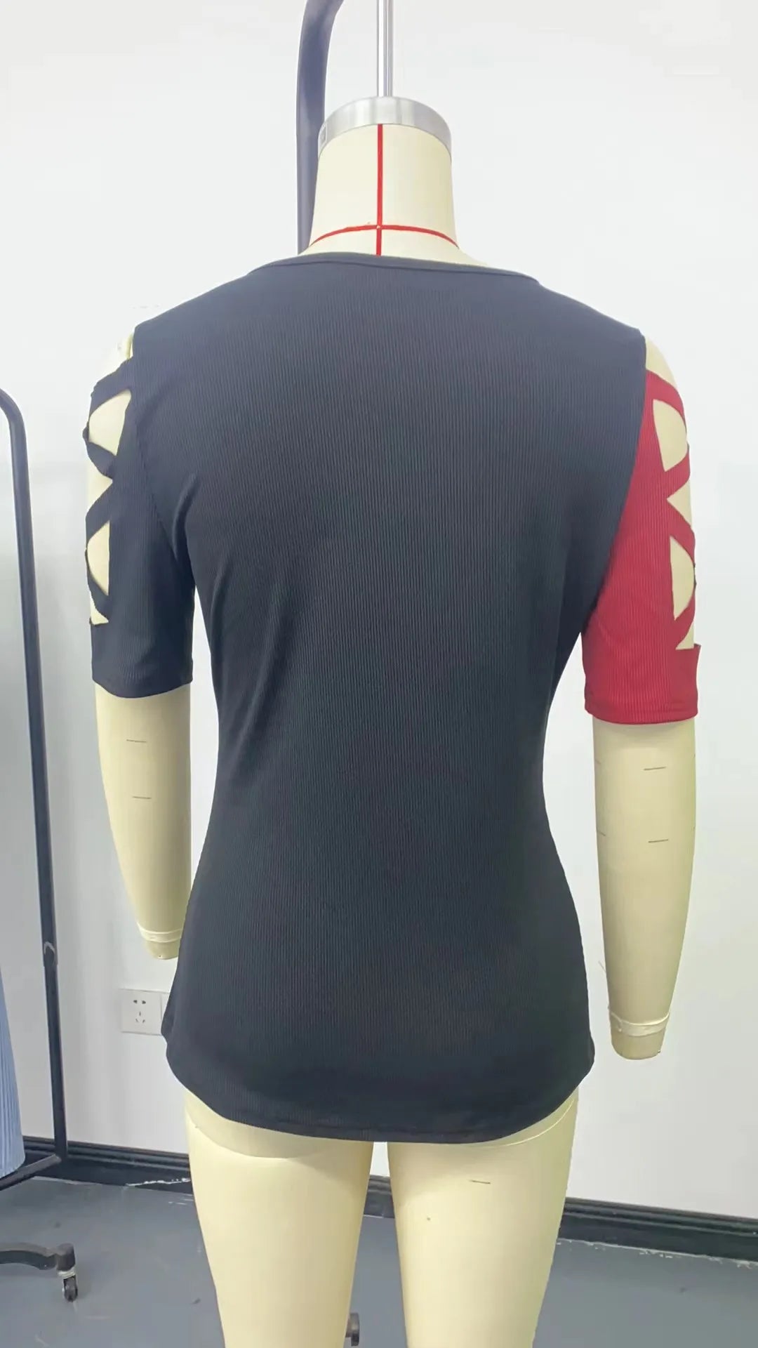 Women's T-shirt Slim Color Block Office Fashion Street Top Hollow Short Sleeve Tight Tees for Women