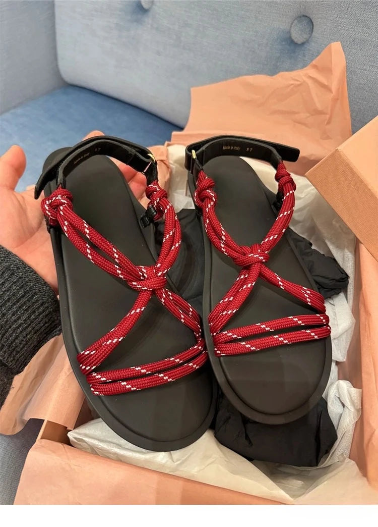 Damen Seil-Knoten Zehentrenner Sandalen - Weiche Sohle Komfort Sommer - Geflochtene Riemen Fashion Sandalen