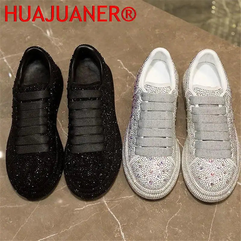 New Brand Women Fashion Casual Glitter Sparkling Sneakers Women Encrusted Lace Up Shoes White Sole Fashion Street Sneakers Shiny