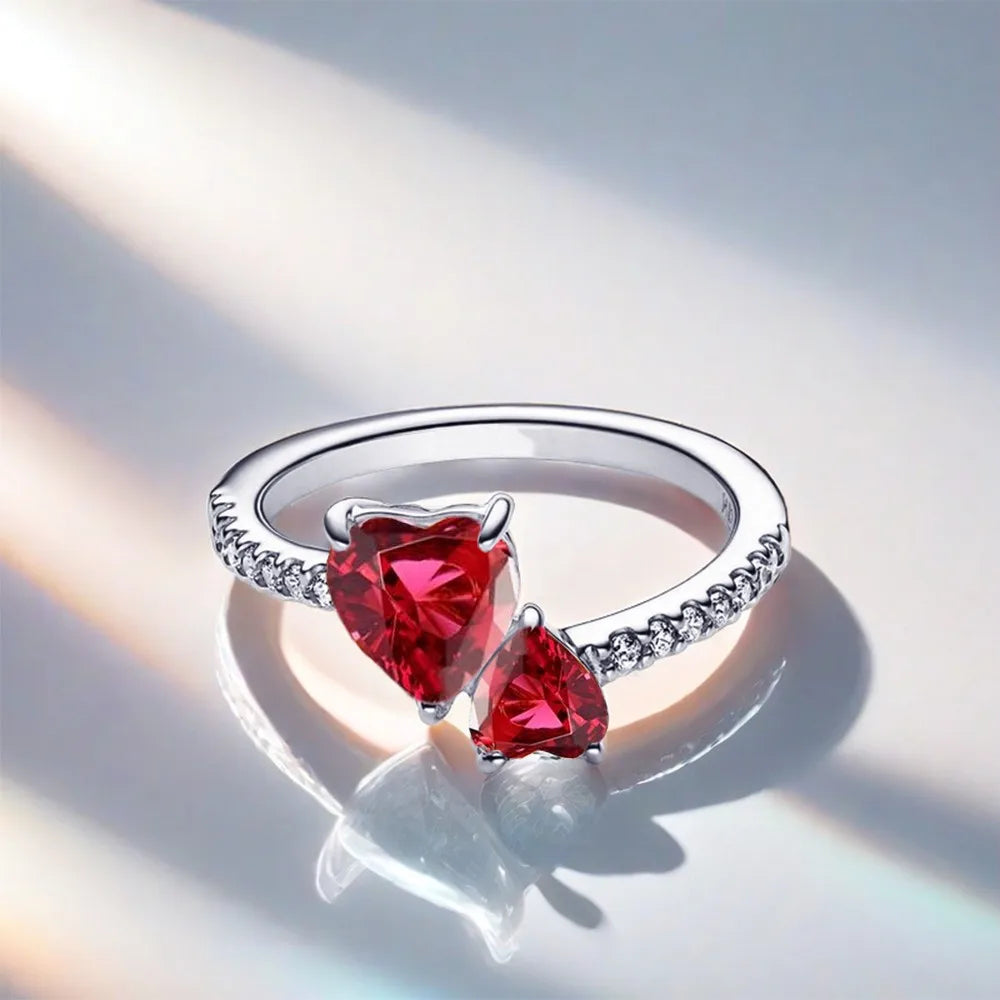 New 925 Silver Shining Red Double Love Ring Zircon Original S925 Finger wedding Ring DIY Women Fine Jewelry Gift