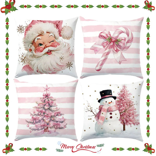 45 * 45cm Pink Christmas Throw Pillow Cover Pink Striped Snowman Christmas Tree Cane Santa Claus for Home  Sofa Cushion Cover