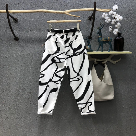 Damen Jeans 2025 - Streetwear Fashion Graffiti Print High Waist Washed Loose Straight
