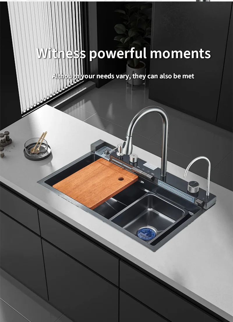 304 Stainless Steel Waterfall Kitchen Sink Large Single Slot Integrated Digital Display Faucet Set Soap Dispenser Cup Washer