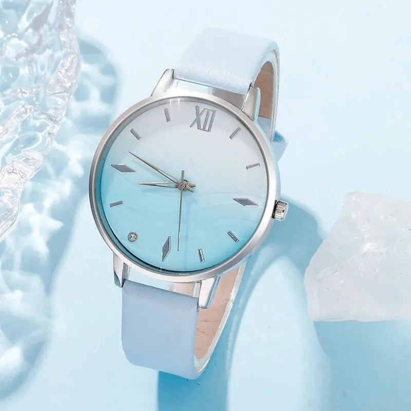 Moda 6er Set Quarz Uhr Damen - Blau Strass Leder 18mm
