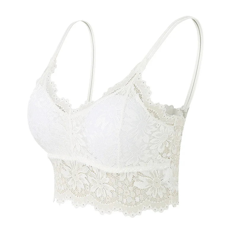 Damen BH 2025 - Blumen-Spitzen BH ohne Bügel mit Bogenkante & Doppelträgern