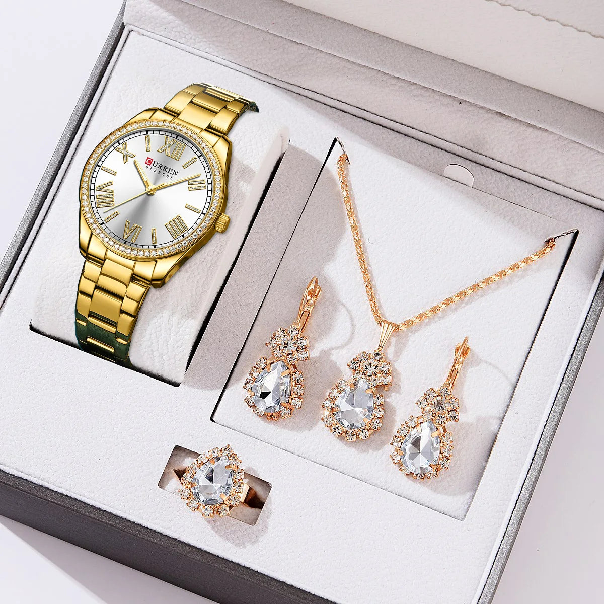 CURREN Luxus Uhr Damen Ring Halskette Ohrringe - Strass Mode Armbanduhr Weiblich Casual Damen Uhren Armband 5-teiliges Set