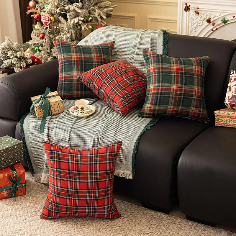 Pack of 2 Christmas Plaid Decorative Throw Pillow Covers Scottish Tartan Cushion Case for Farmhouse Home Holiday Decoration