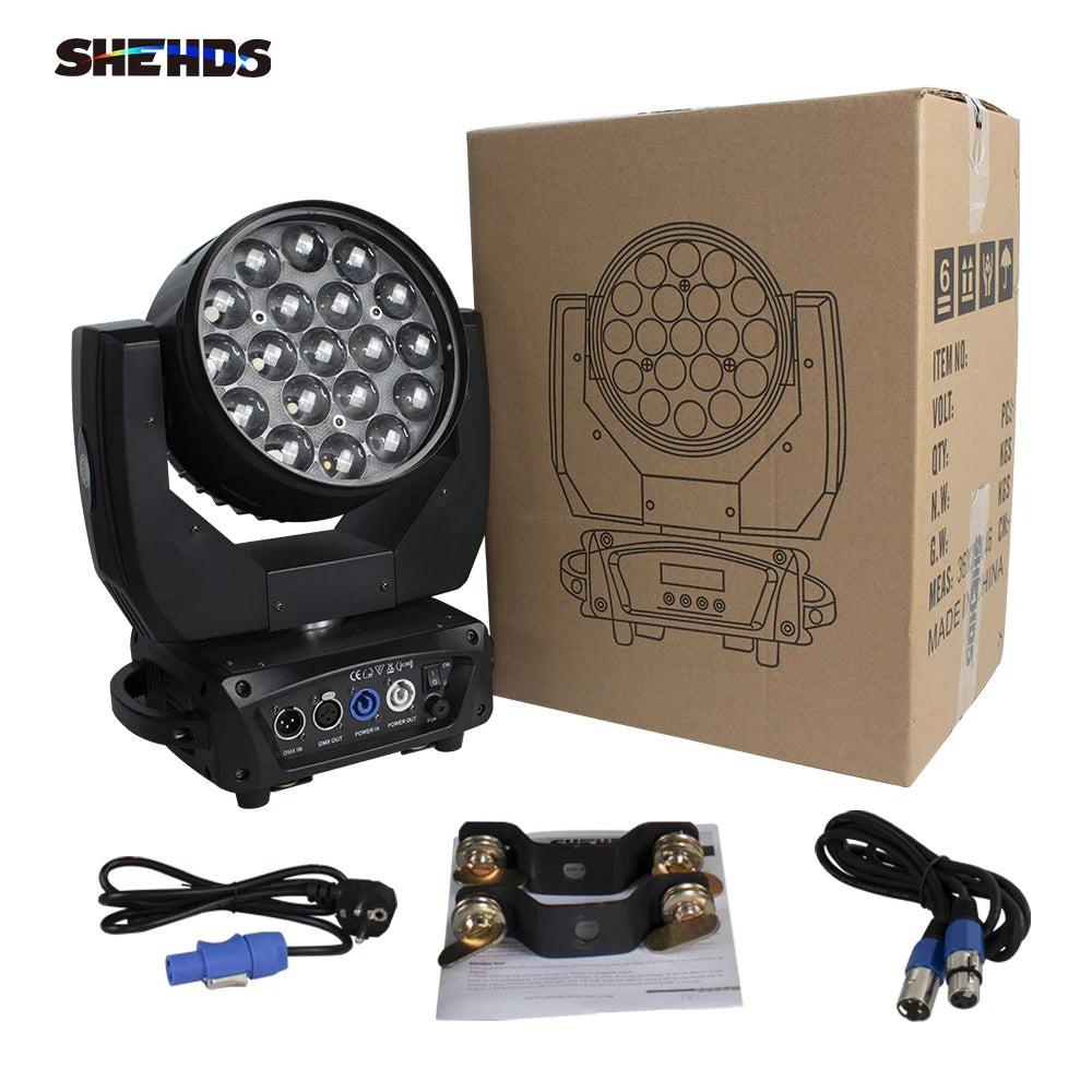 SHEHDS LED Zoom 19x15W RGBW Moving Head Light Beam Wash Effect Flight Case for DJ Disco Christmas Concerts Weddings Parties