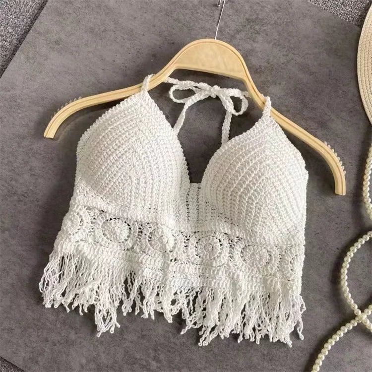 Women Beach Crop Tops Hollow Cover-Ups Perspective Tassel Sexy Spaghetti Strap Swinwear Built In Bra Backlless Halter Neck