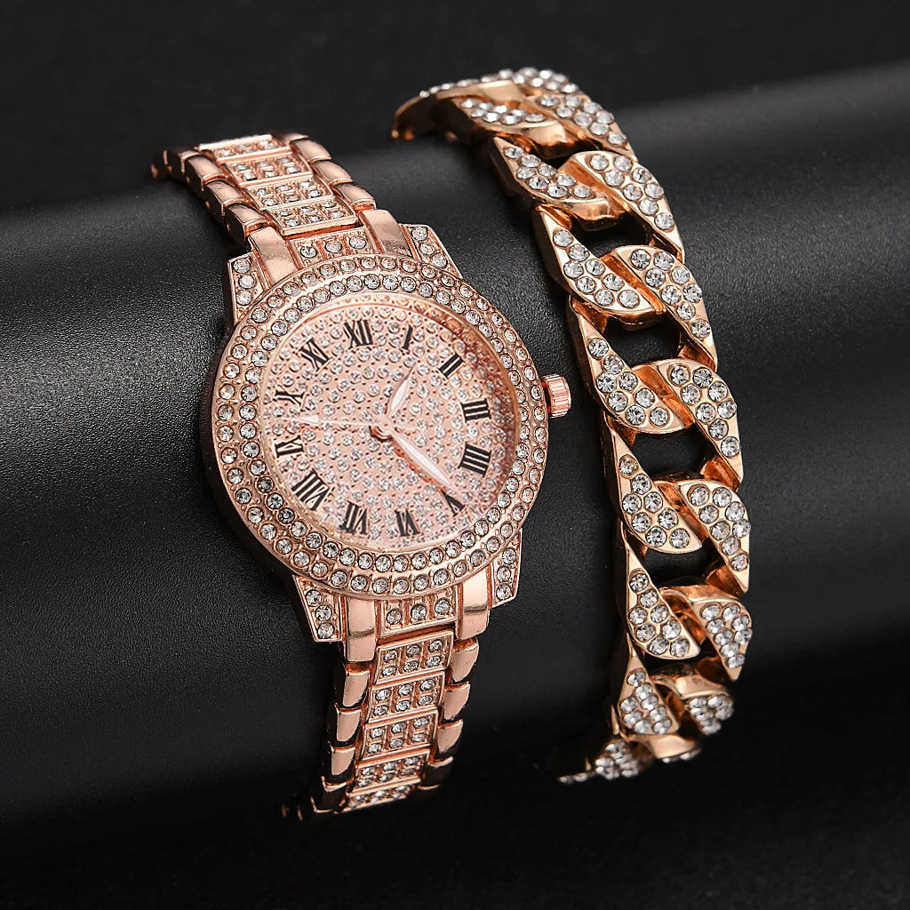 Mode Luxus Vollkristall 5-teiliges Set - Uhr Halskette Ohrringe Ring Set für Damen - Strass Armbanduhr Damen Armband Set Geschenk