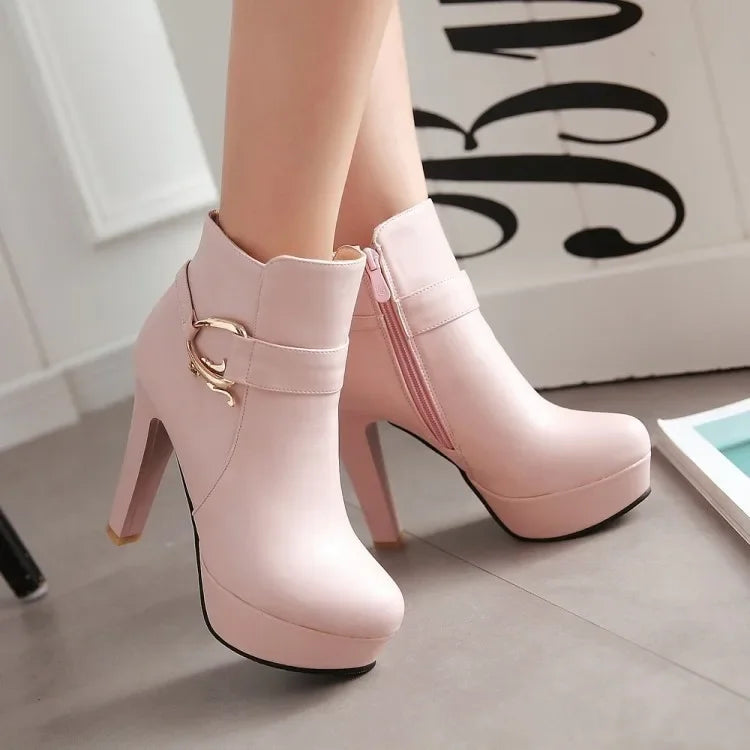 Elegant Short Boots Women Shoes Autumn Winter Women's Ankle Boot Platform Sweet Black White Pink Heeled Party Shoes Ladies