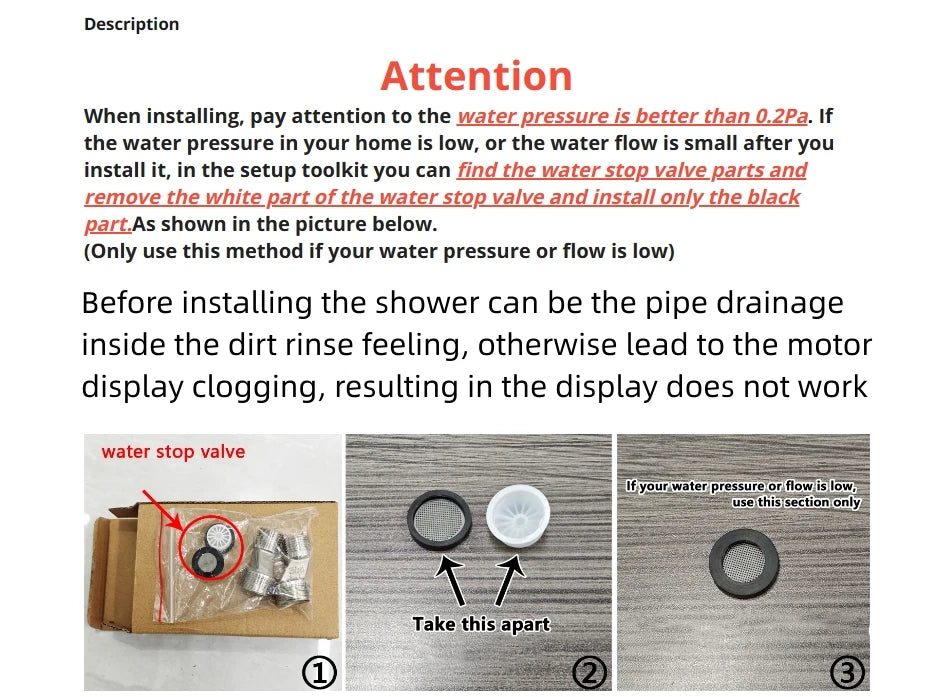 NONEM copper four-function shower faucet set with digital display; installation guide shows water stop valve parts