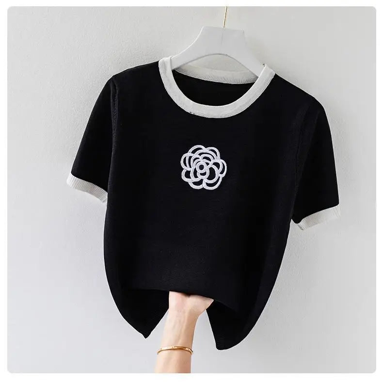 Knitted T Shirt for Women Summer Flower Embroidery Designer Luxury Clothes Slim Tops  Women's Short Fashion Short Sleeve T-shirt