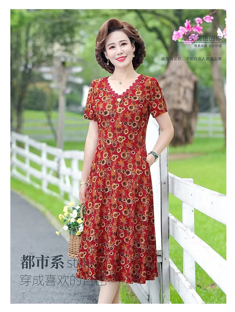 Elegant Women Dress Elegant Casual V-Neck Print Vintage Ladies Mid-Calf High Waist Summer Bohemian Dresses