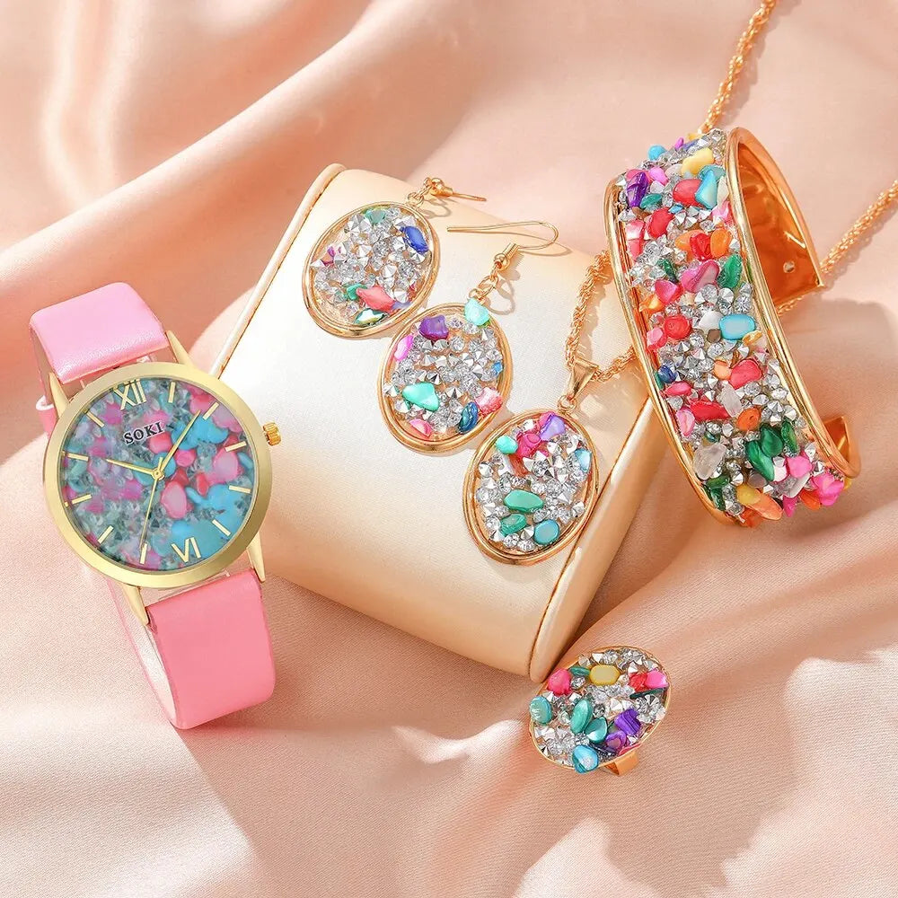 Luxus Damen Set Mode Strass - Uhr Ring Halskette Armband