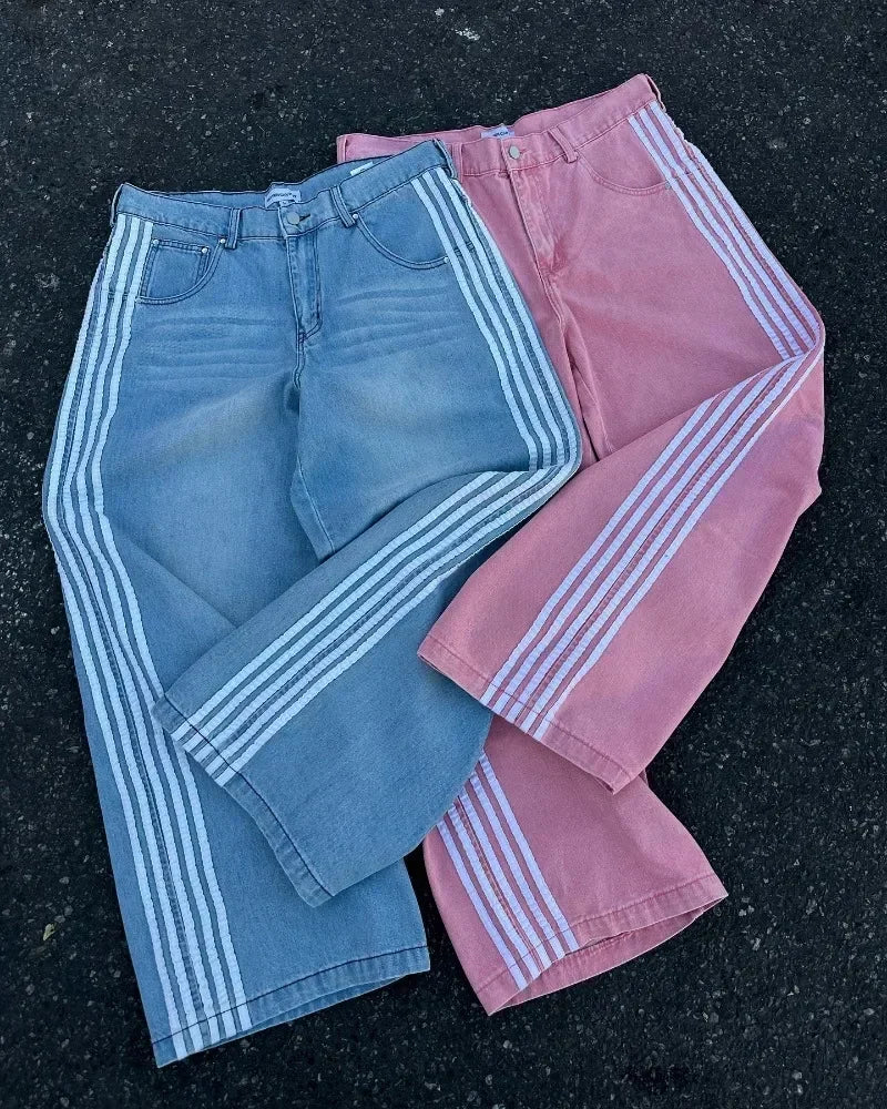 Unisex Jeans 2025 - High Street Vintage Striped Embroidered Harajuku Hip Hop Baggy