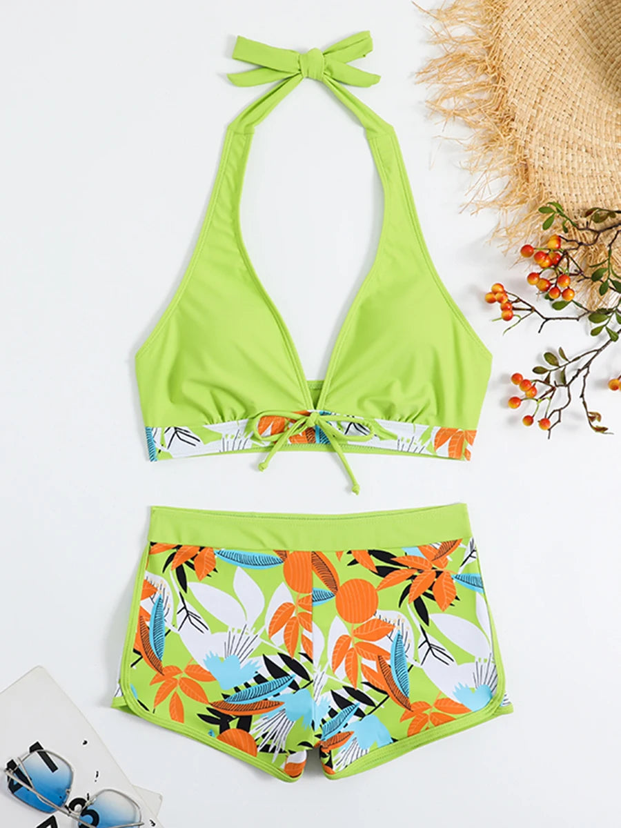 Halter Bikini Set Kurzer Schwimmanzug Frauen High Waist Bedruckte Bademode