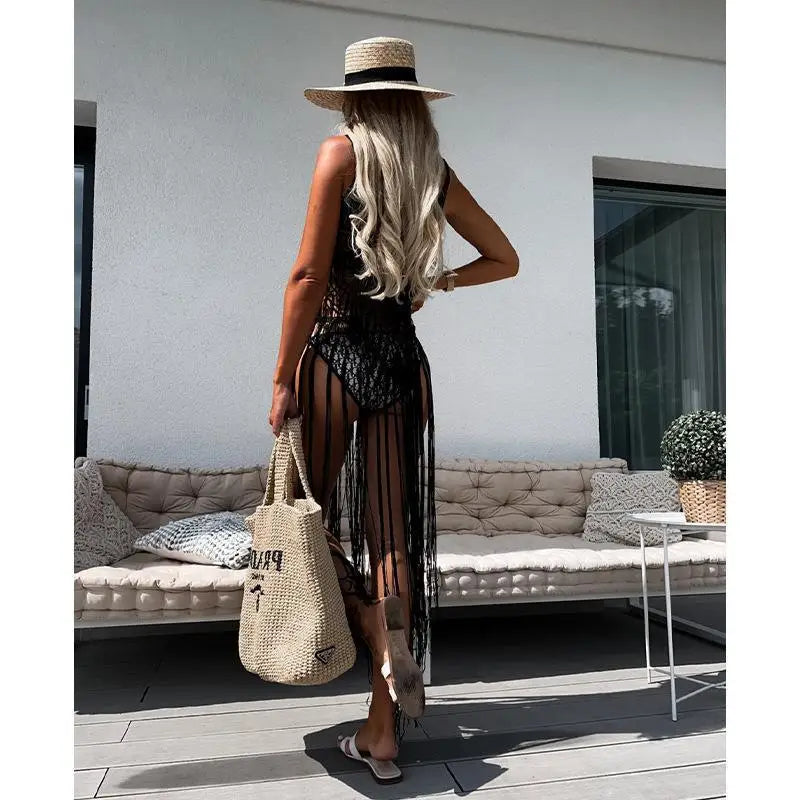 Strand Cover Ups: Hand Hook Hollow Out Spandex Polyester - Elegant Sonnenschutz Shirt Lange Quasten Beach Style Gestrickt