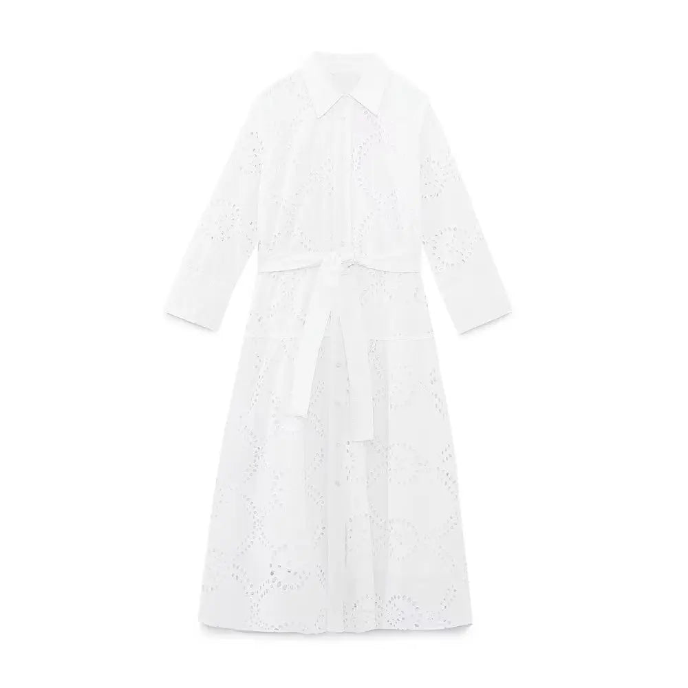Elegant Embroidered White Dress Women Chic Lapel Long Sleeve High Waist Lace Up Maxi Dresses Fashion Female Hollow Out Vestidos