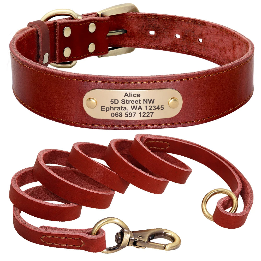 Anpassen Leder Hund Halsband Leine Set Personalisiert Haustier Halsband Leine Kostenlose Graviert Namensschild Für Kleine Mittlere Große Hunde