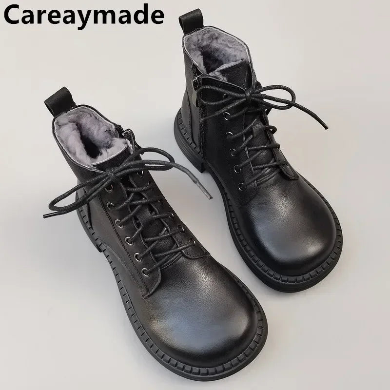 Ghete la gleznă Careaymade, piele naturală, variantă lată - mărime mare, înălțime toc 3-5 cm, căptușeală din lână