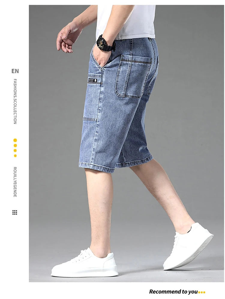 Jeans men's pants Korean version trendy jeans slim fit fashion shorts trendy breathable spring/summer multi bag work clothes cro