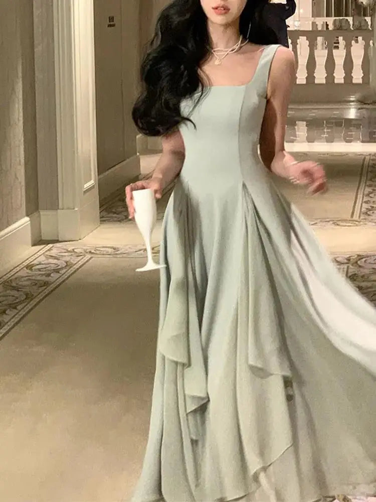 Elegant Dresses for Women Ruffles Sundress Evening Party Dress Sleeveless Square Collar A Line New Prom Robe Korean Vestidos