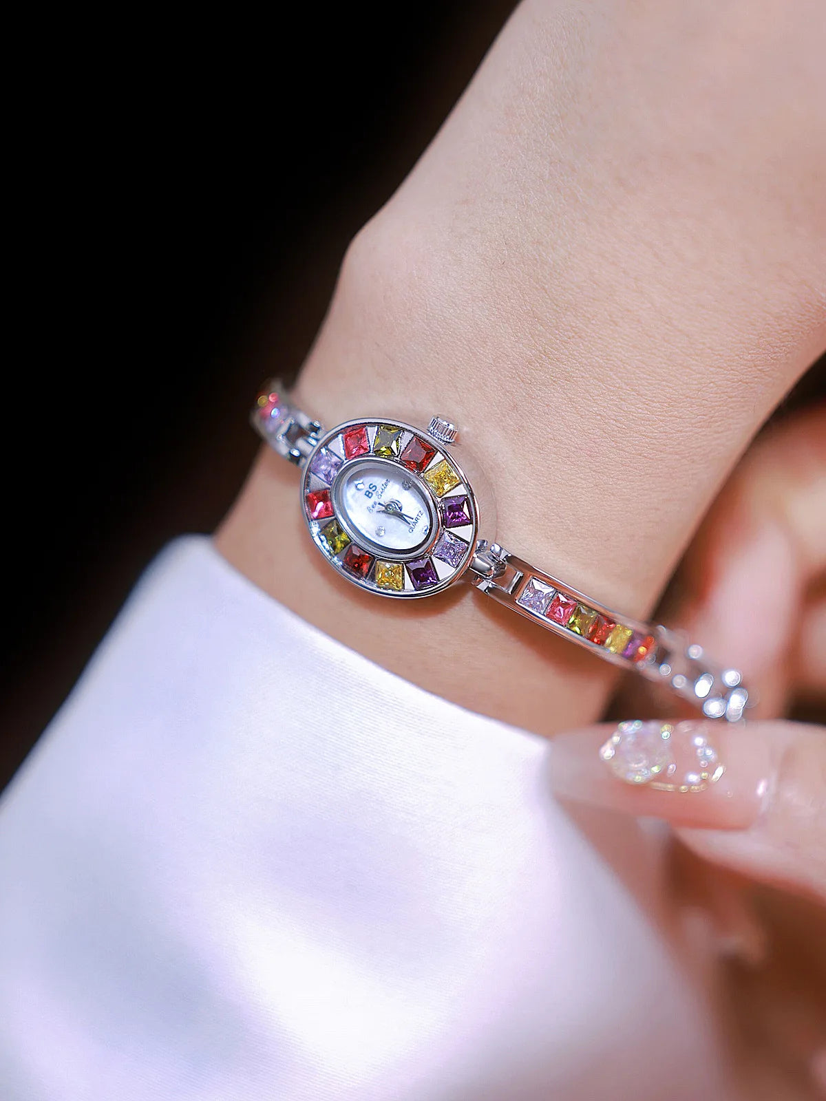 Womens Watch Luxury Fashion Quartz Wristwatches Colored Rhinestone Small Silver Bracelet Watches For Women Gifts