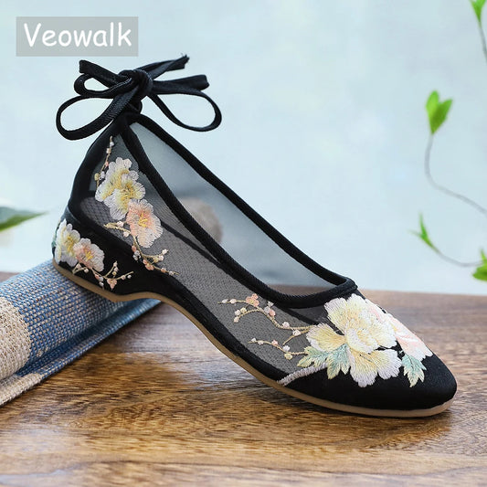 Ballerinas 2025: Veowalk Long Ankle Strap Summer Women Gauze Mesh - Embroidered Ballet Flats Breathable Comfortable Walking Shoes Elegant Lady Collection
