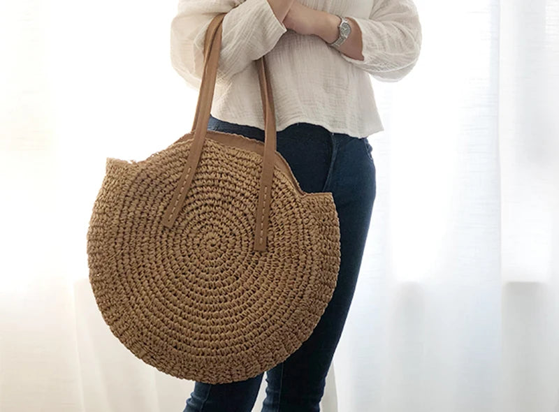 Round Straw Beach Bag Vintage Handmade Woven Shoulder Bag Raffia circle Rattan bags Bohemian Summer Vacation Casual Bags