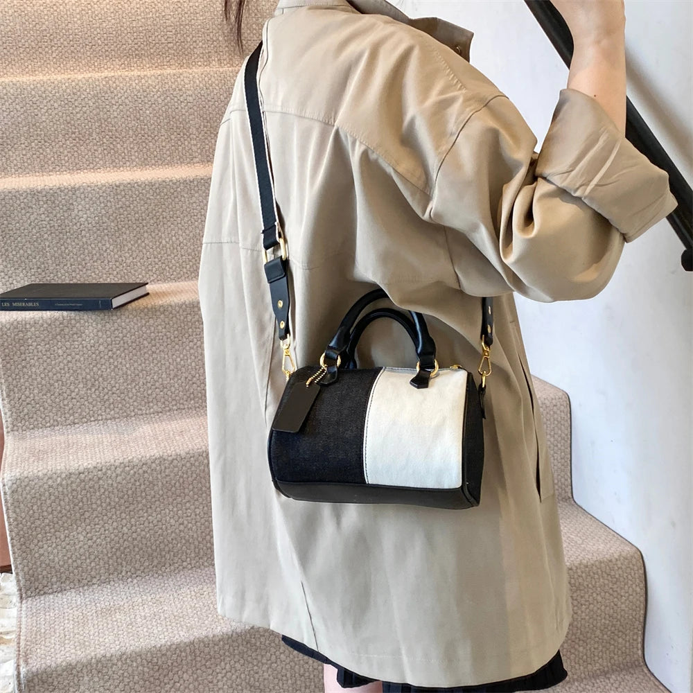 Genți de mână mini cu blocuri de culoare patchwork pentru femei, genți de umăr din denim, genți crossbody, geantă casual de stradă mică, geantă Boston, 2024, poșete de designer