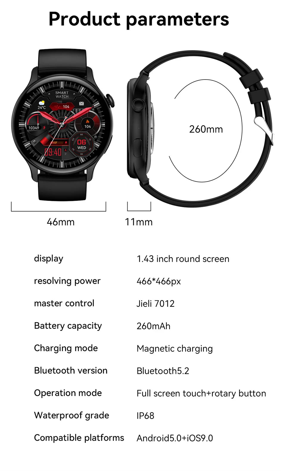NFC Smartwatch AMOLED HD GPS - 220–300 mAh, 1,43 Zoll Display, 5 Tage Akku