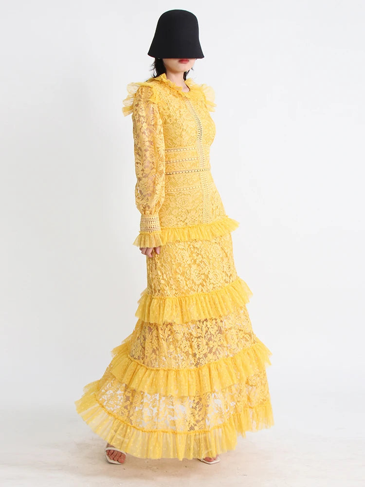 TWOTWINSTYLE Elegant Dresses For Women Stand Collar Long Sleeve High Waist Embroidery Slim Dress Female Fashion Clothing 2023