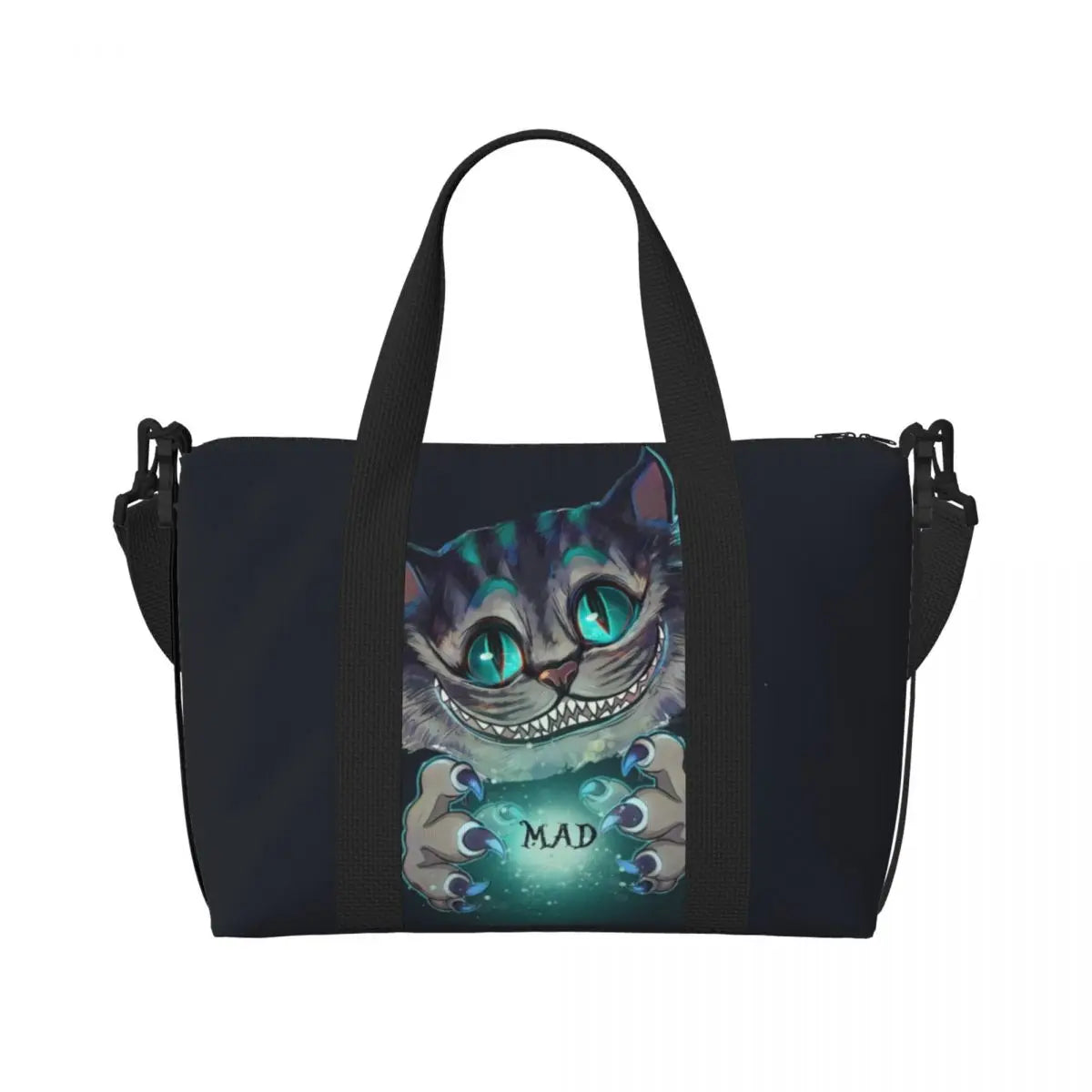 Custom Cheshire Cat Beach Tote Bag for Women We're All Mad Here Cat Big Compartment Gym Beach Travel Bags