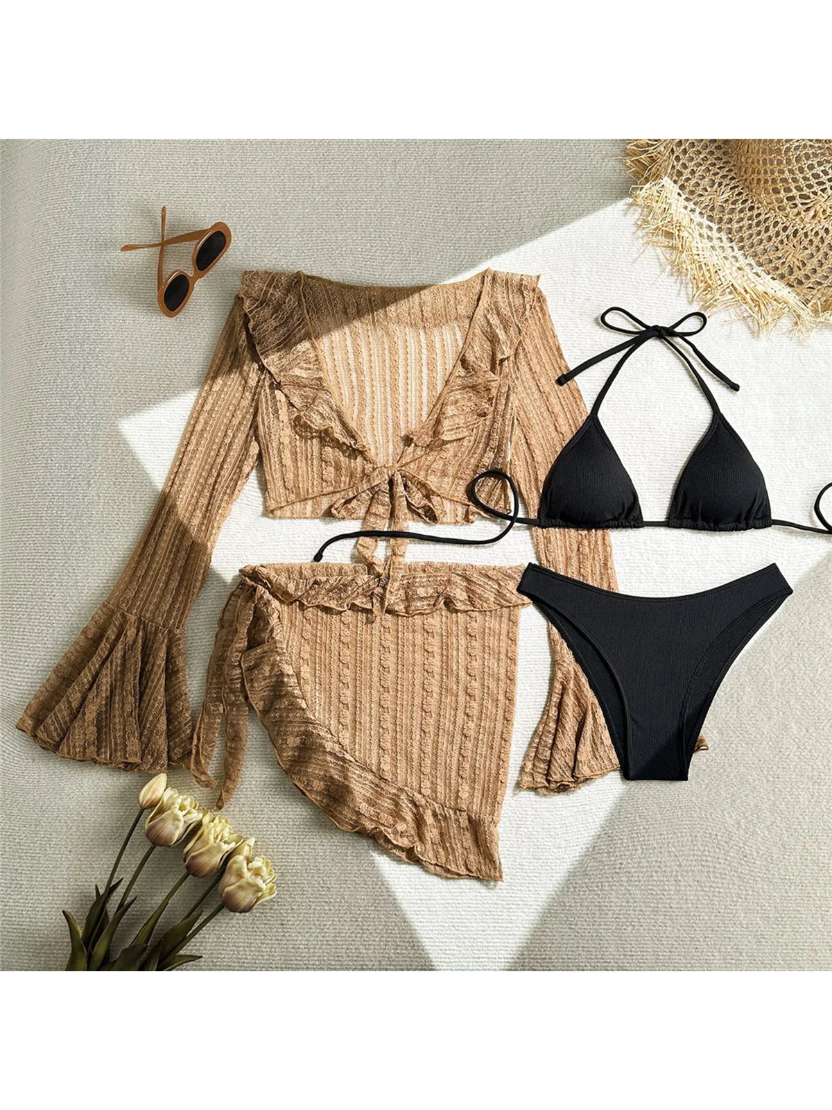 4PCS Halter Bikini Set Sarong Langarm - Vierteilig S M L