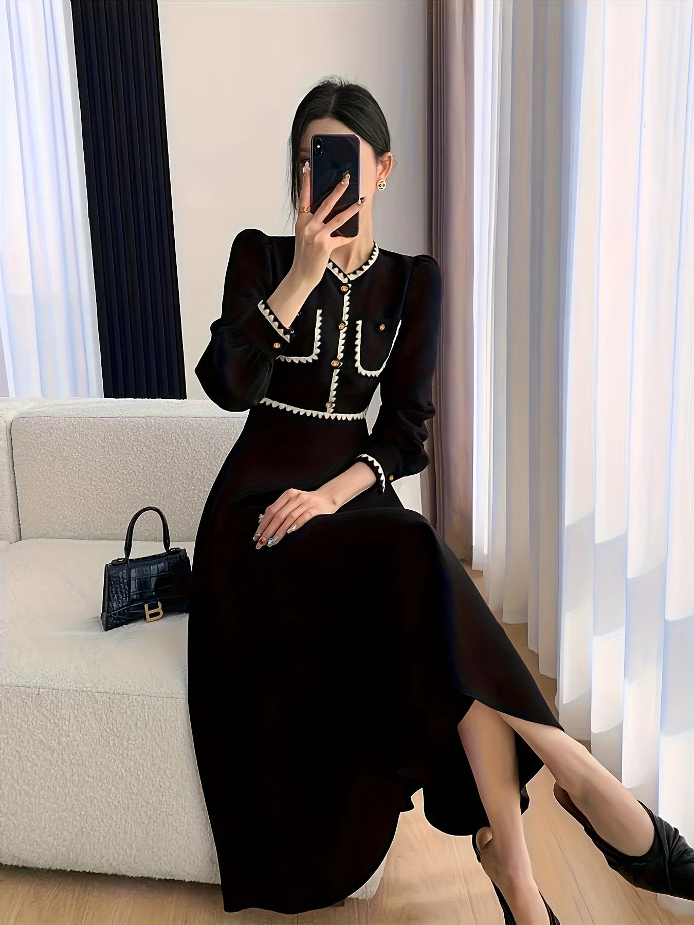 [Elegant V Neck Dress] Elegant V Neck A-line Contrast Trim Cuff Sleeve Button Dress - Women's Clothing for Spring & Fall