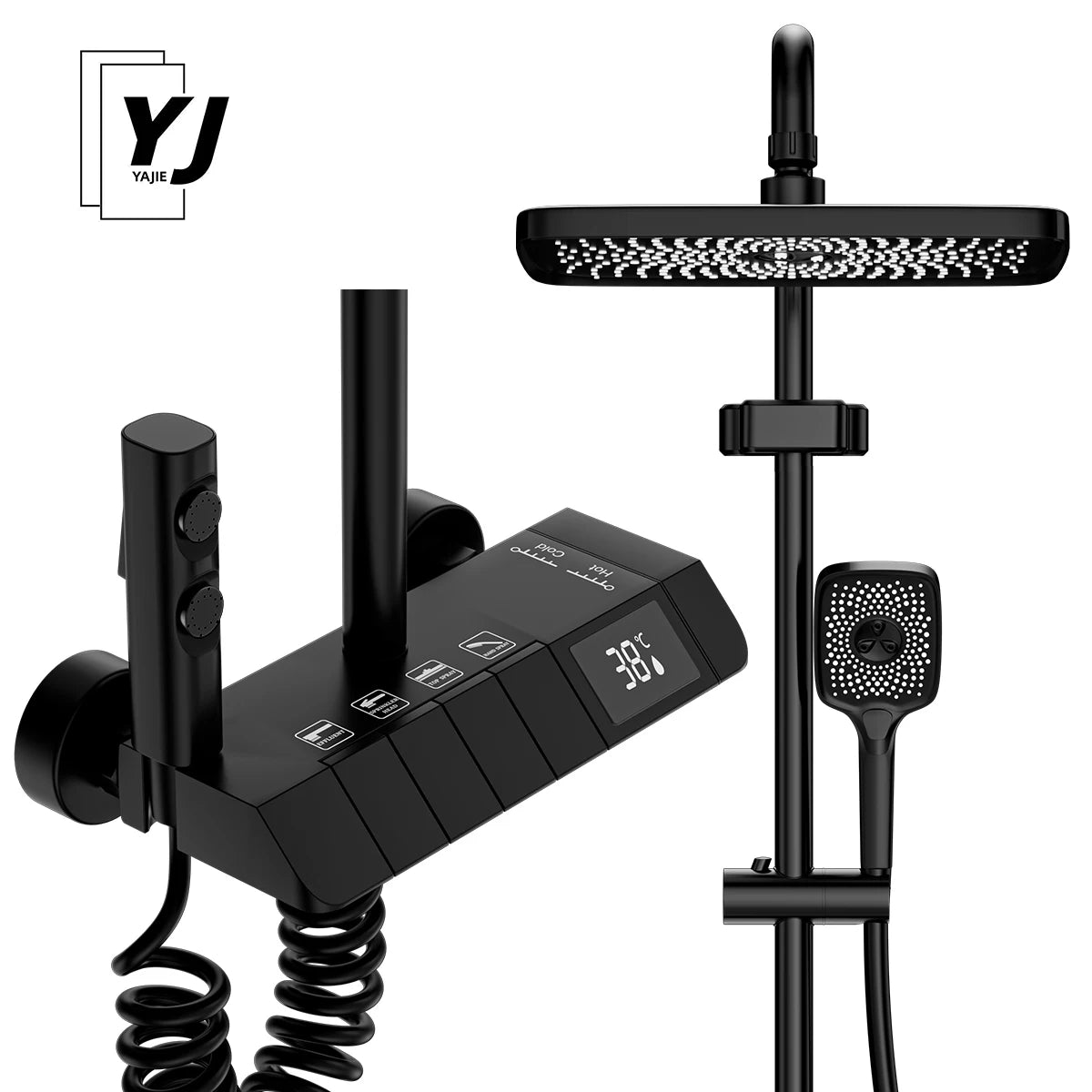 NONEM copper shower faucet set with digital display, four functions, rainfall head and handheld shower.