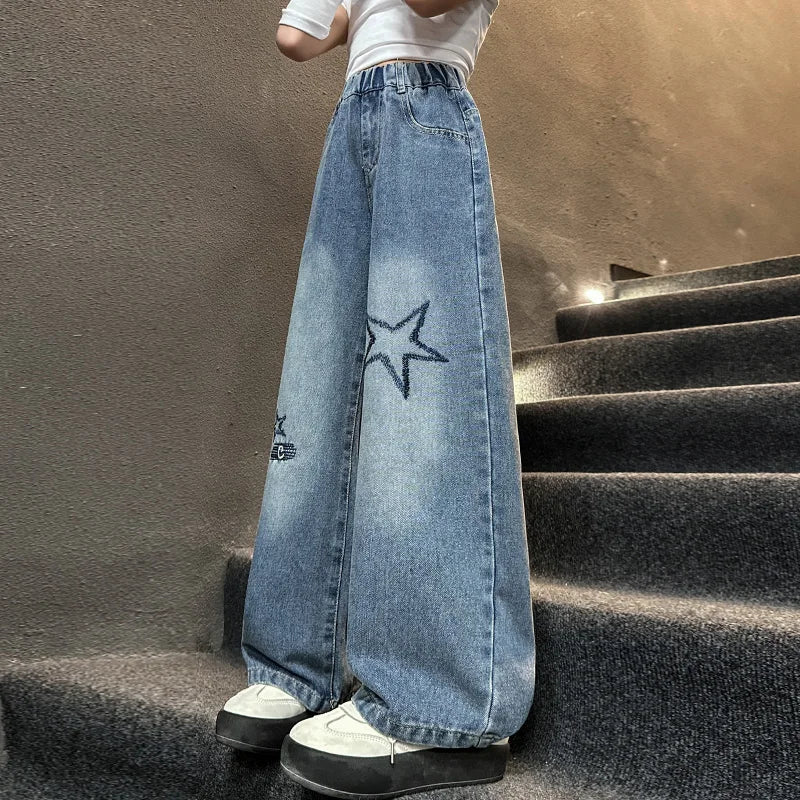 Jeans For Girl Spring Embroidery Star Pattern Wide Leg Denim Pants Kids Casual Style Children Loose Clothes 6 8 9 10 12 14 Years