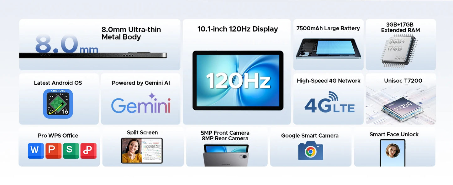 DOOGEE Tab G5 Gemini AI - 128GB ROM, 7500mAh Akku, 10,1 Zoll Display